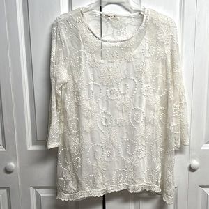 Indigo Cream Floral Embroidered Mid Sleeve Layered Top Size L